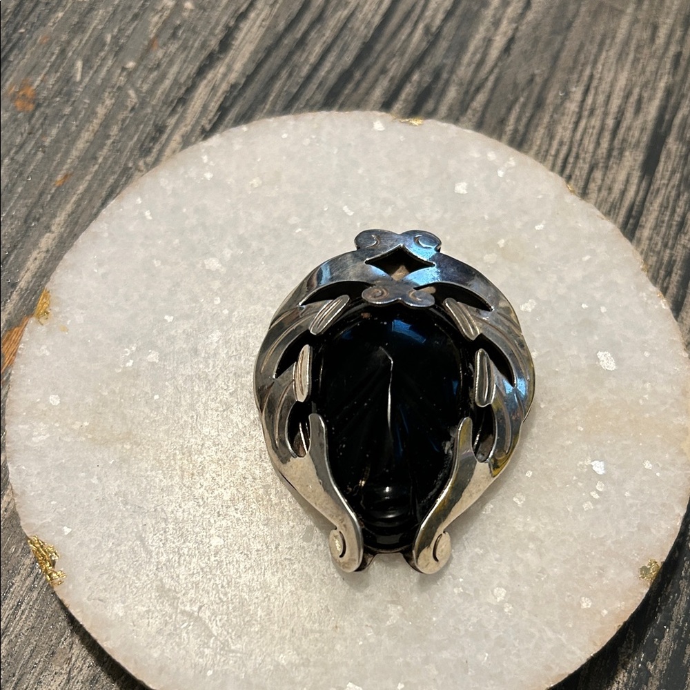 Black and Silver Aztec Mask Southwestern Brooch signed